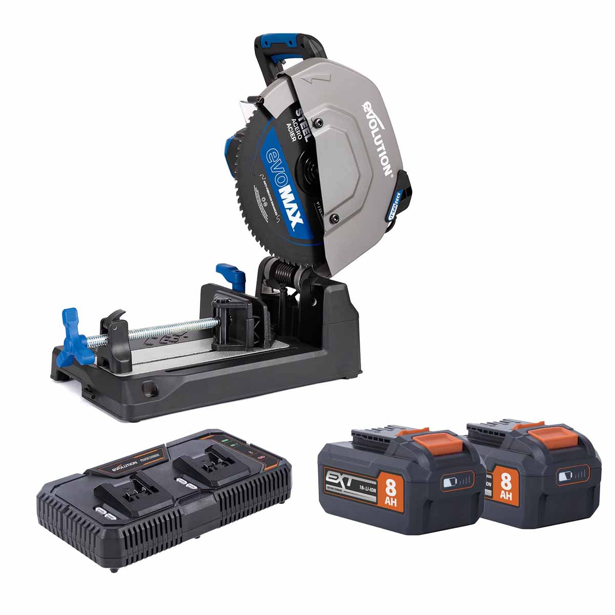 Evolution S355CPS-LI Twin 18V 355mm Metal-Cutting Chop Saw with 2x 8.0Ah Batteries