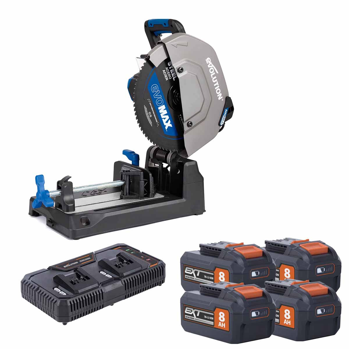 Evolution S355CPS-LI Twin 18V 355mm Metal-Cutting Chop Saw with 4x 8.0Ah Batteries